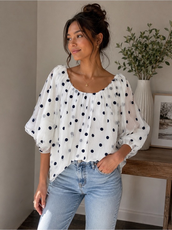 Worthington Tops - NWT! Worthington Blue White Sheer Polka Dot Balloon Sleeve Blouse. Size: Medium